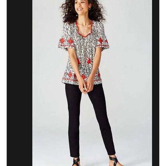 J Jill Prairie Peasant Tunic Top Embroidered Sz S Boho Tassel Tie Cottage Cotton - Picture 2 of 16